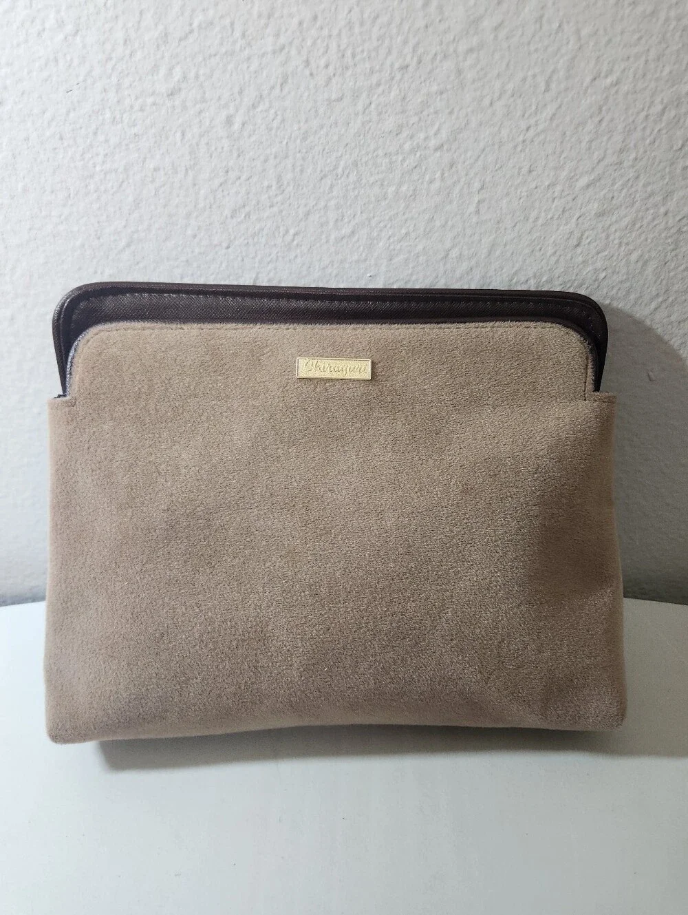 Vintage Menard Japan Shirayuri Suede Cosmetics Pouch Clutch Bag Taupe Brown